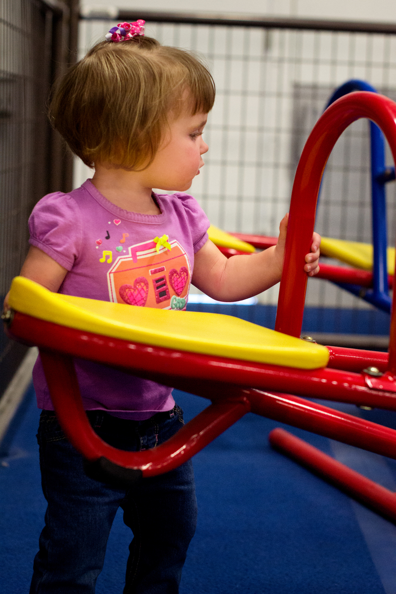 We went to an indoor play area and she was interested in this airplane. She loved picking the wing up and pushing it back down