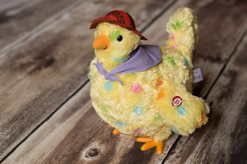 She LOVES her new singing chicken (which also lays eggs)