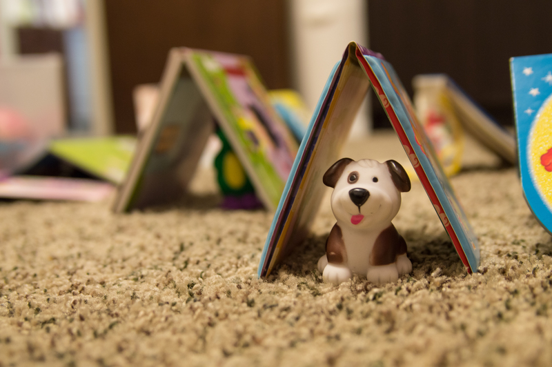 Excited for camping, so she made tents for all her animals using books
