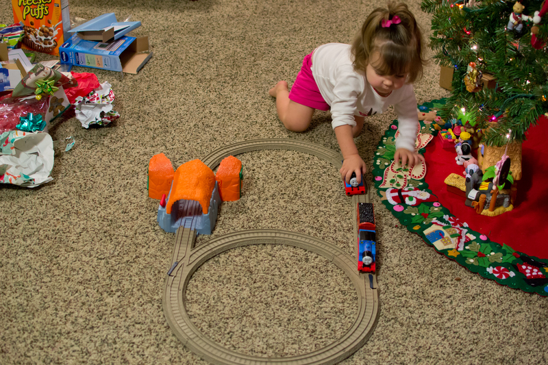 Yay! She got out her other Thomas and they went on a road trip together