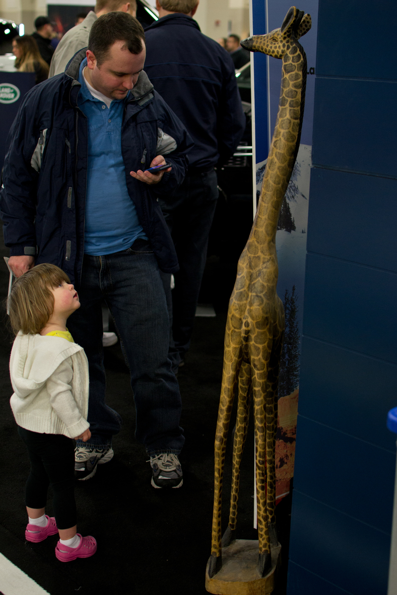 While Daddy checks his phone Emily stares intently at the giraffe
