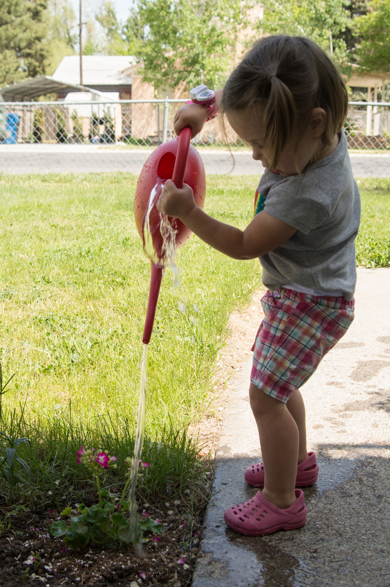 Emily waters the plant