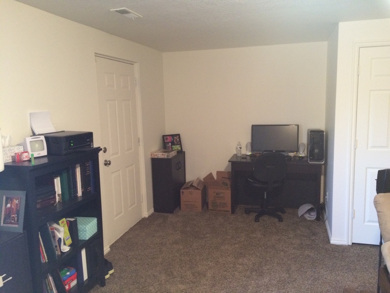 Basement, with back door on left and photography closet on right.
